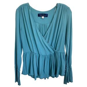 Blue Rain Women's Twist Front Blouse Top Long Sleeve 100% Rayon Size XS Blue